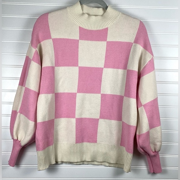Zesica Pink & Cream Checker Pattern Long Sleeve crew Neck Sweater Size Medium - Picture 5 of 9